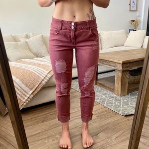 Refuge cuffed and ripped burgundy jeans
